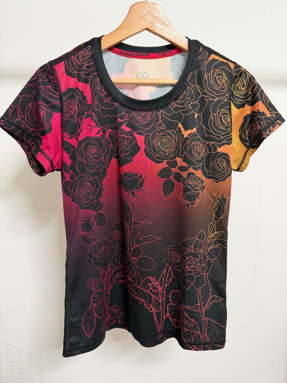 INKnBURN Black Tee with Pink & Orange Gradient Rose Print